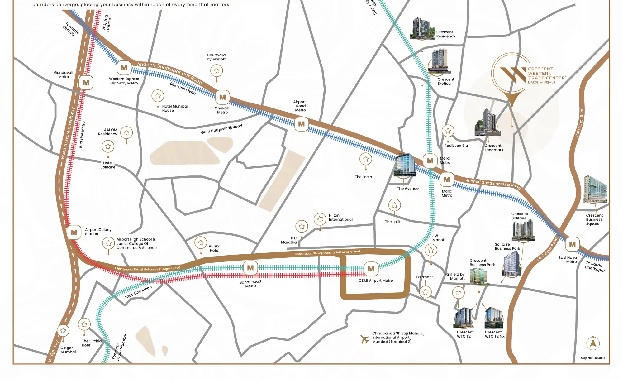 Map of Marol showing the site near Marol Naka Metro, the Andheri–Ghatkopar Link Road, the airport and Crescent's nearby projects